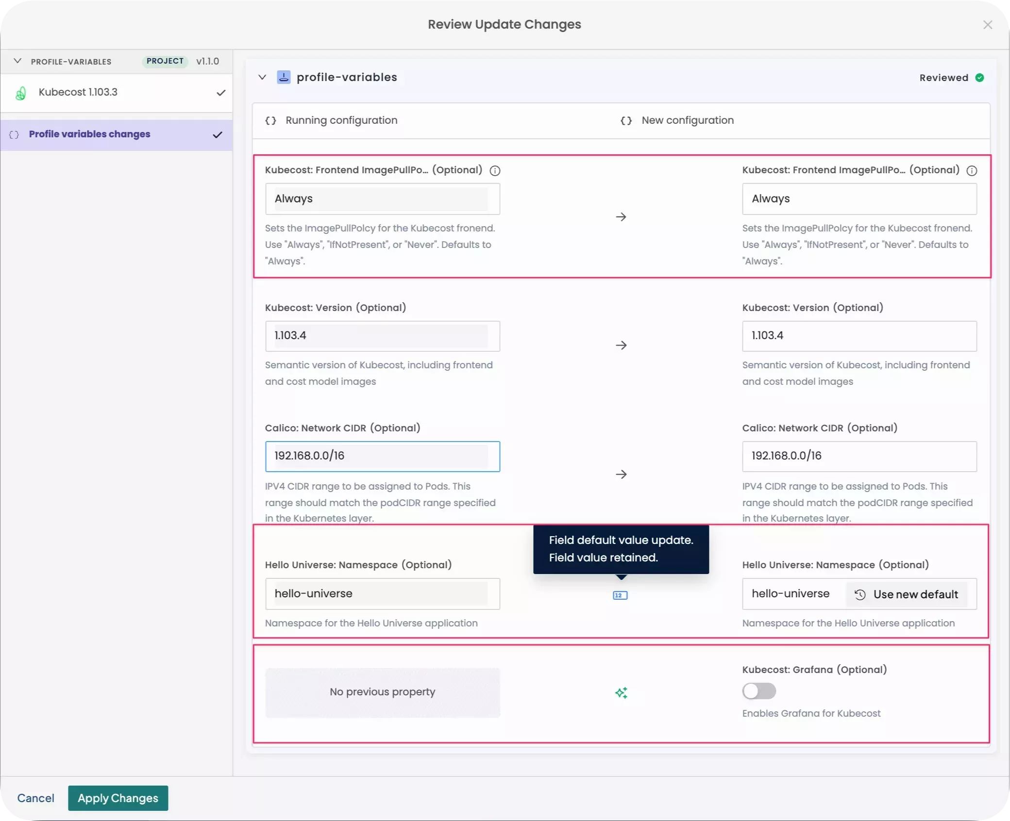 Reviewing profile variable changes using the Change Summary Process