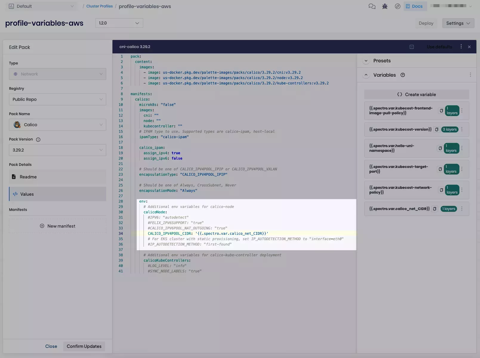 Palette YAML editor with the added profile variables.