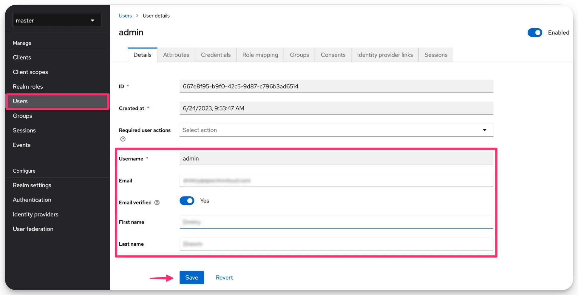 View of the Keycloak admin portal screen